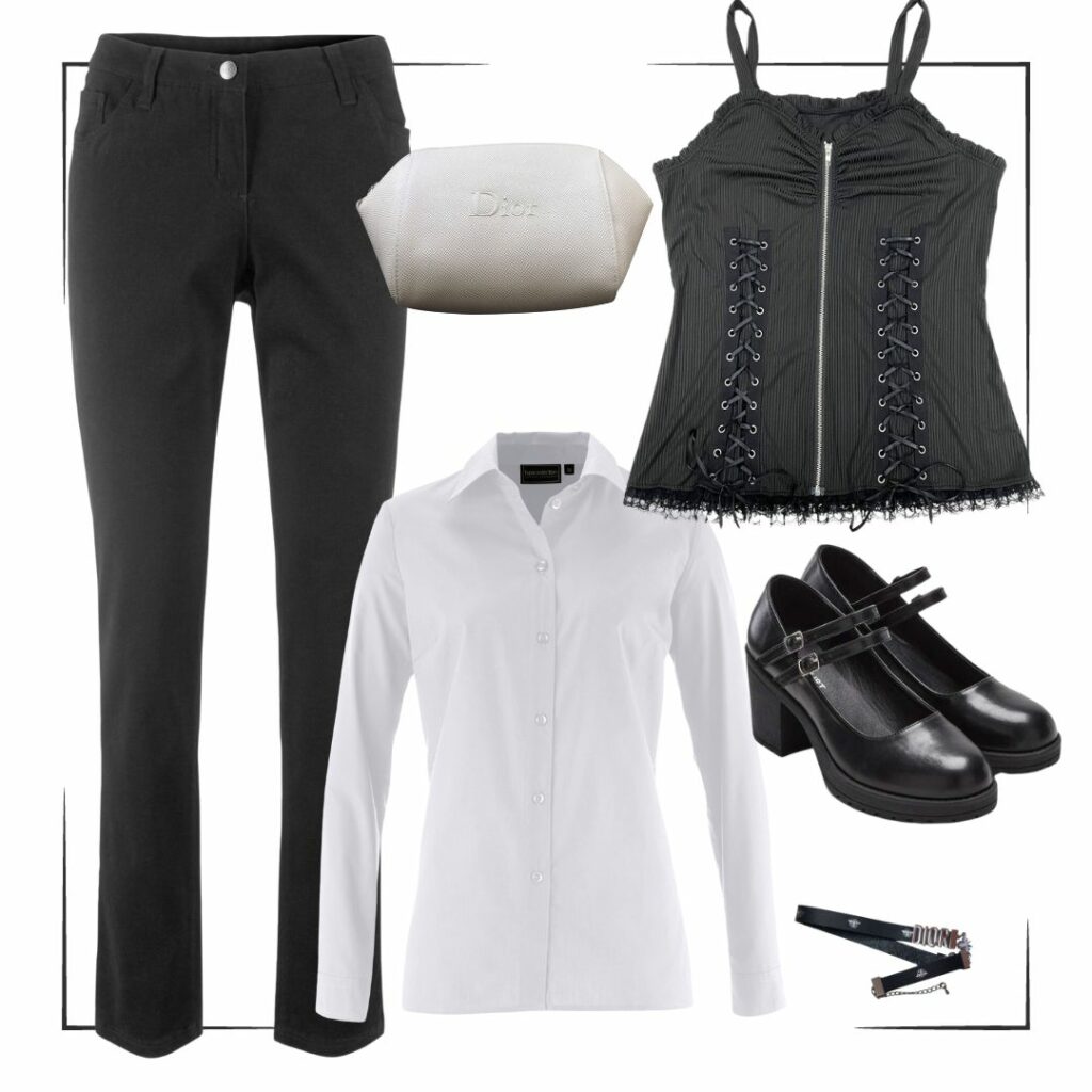 outfit dark con corpetto, camicia, mary jane 