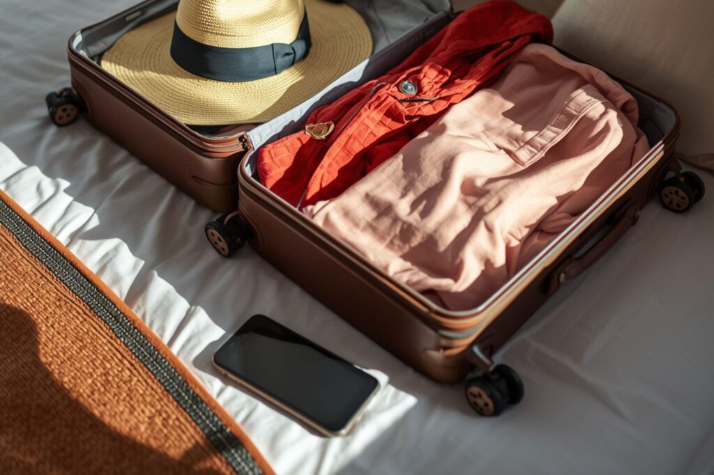 valigia aperta appoggiata al letto con abiti, cappello e telefono cellulare 