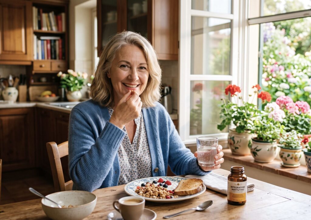 Donna che assume un nutricosmetico a mattino insieme alla colazione