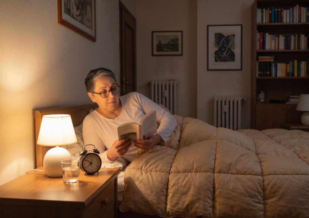 donna che legge un libro alla luce fioca della camera da letto per cercare di addormentarsi